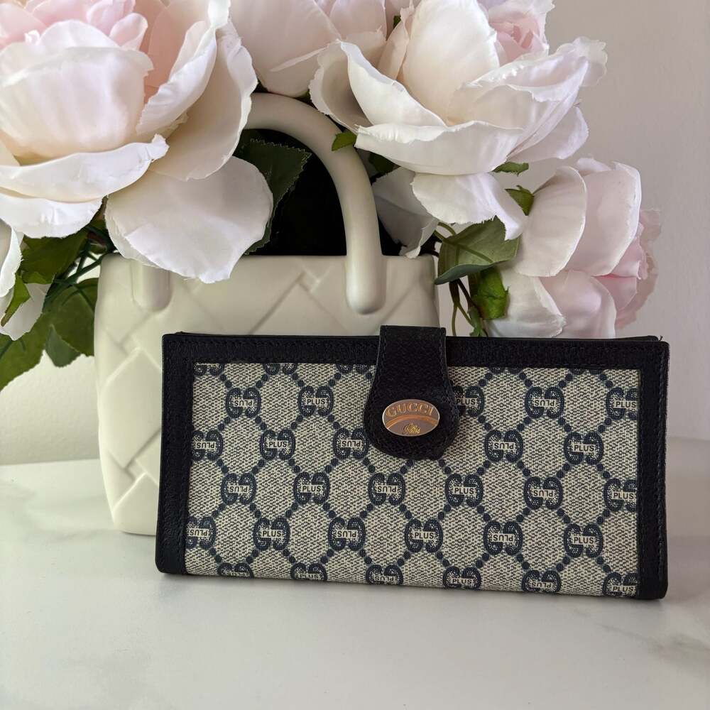 Vintage Gucci Plus Navy GG Monogram Canvas Long Bifold Wallet